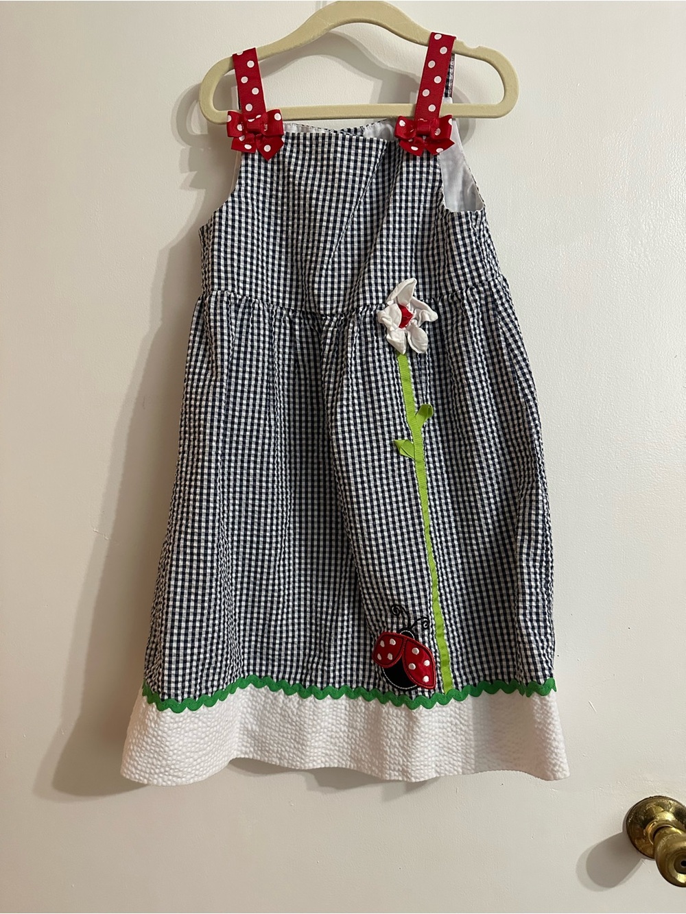 Emily Rose Black Gingham Dress with Red Polka Dot Straps